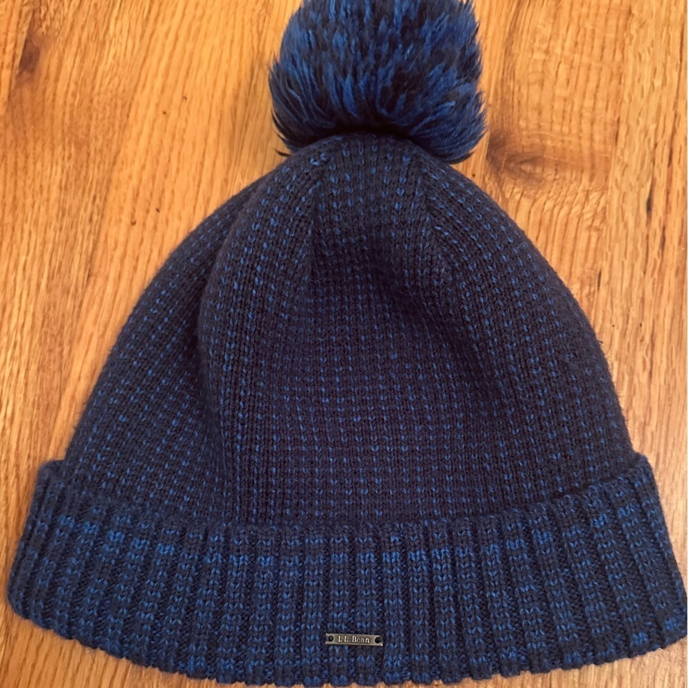LL BEAN Beanie Hat Cap Blue Knit With Fleece Lining Pom Ski Winter (h8)